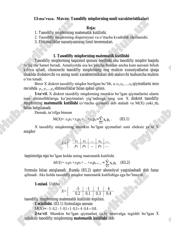 tasodifiy miqdorning sonli xarakteristikalari — PDF