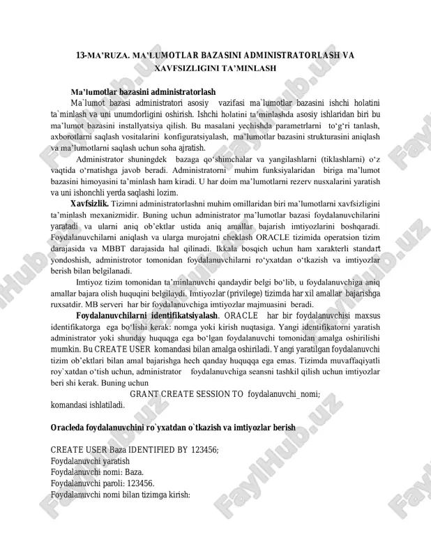 ma'lumotlar bazasini administratorlash va xavfsizligini ta'minlash — PDF