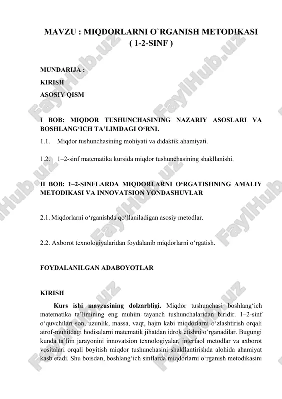 miqdorlarni oʻrganish metodikasi 1-2-sinf — DOCX