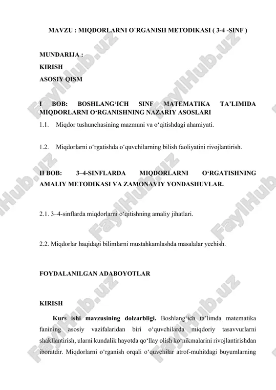 miqdorlarni oʻrganish metodikasi 3-4--sinf — DOCX