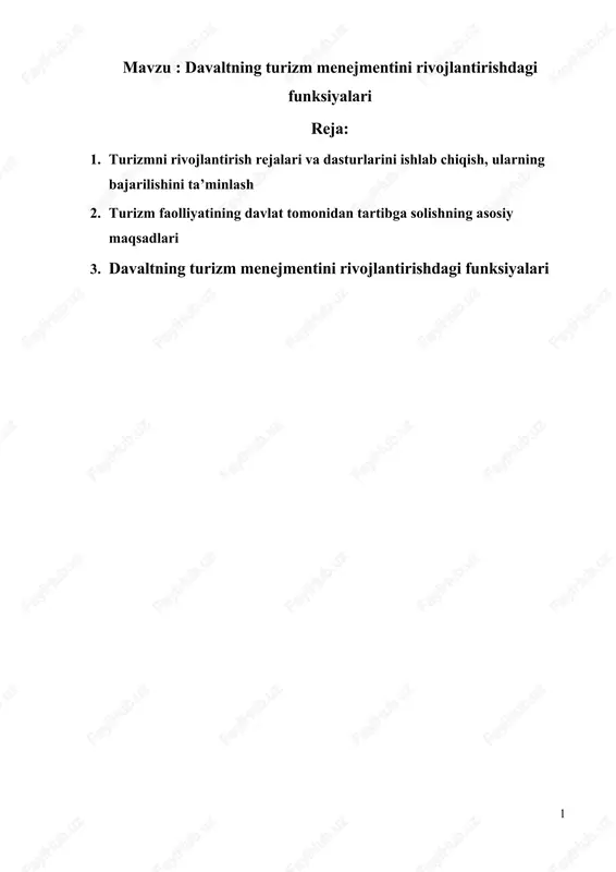 davaltning turizm menejmentini rivojlantirishdagi funksiyalari — DOCX