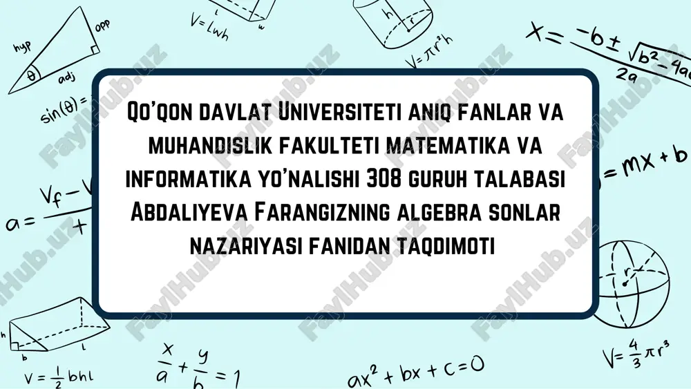 abdaliyeva farangiz algebra sonlar nazariyasi taqdimoti — PDF