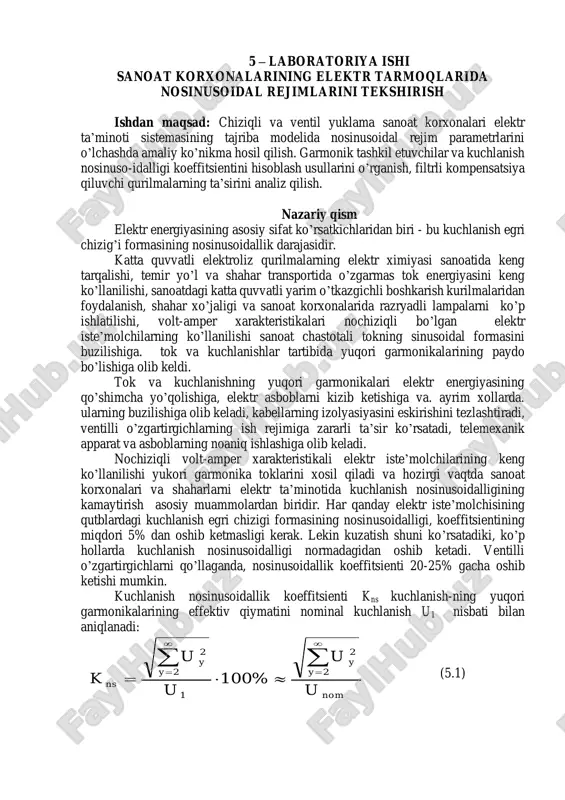 laboratoriya ishi - sanoat korxonalaring elektr tarmoqlarida nosinusoidal rejimlarini tekshirish — PDF