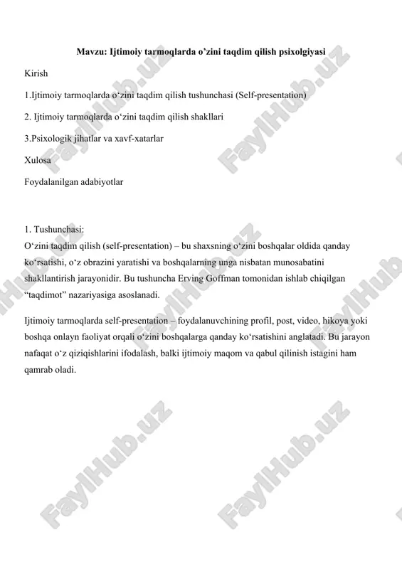 ijtimoiy tarmoqlarda o’zini taqdim qilish psixolgiyasi — DOCX