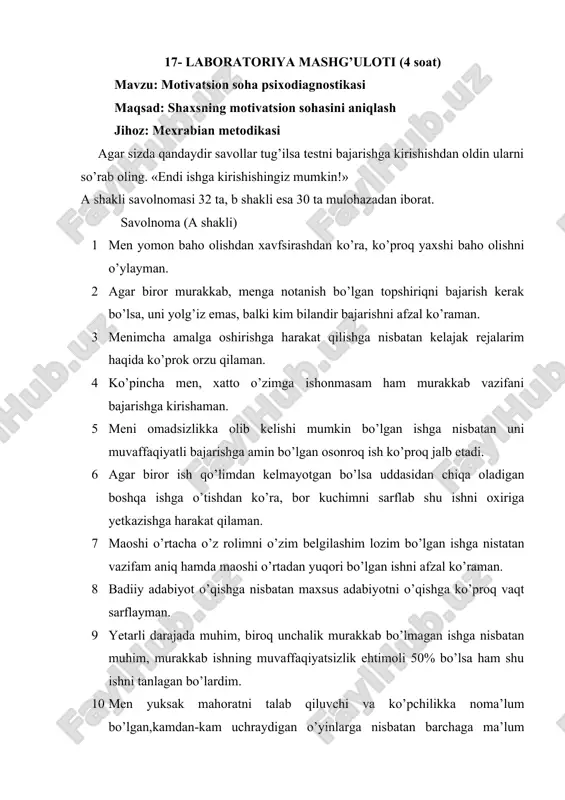 motivatsion soha psixodiagnostikasi — DOC