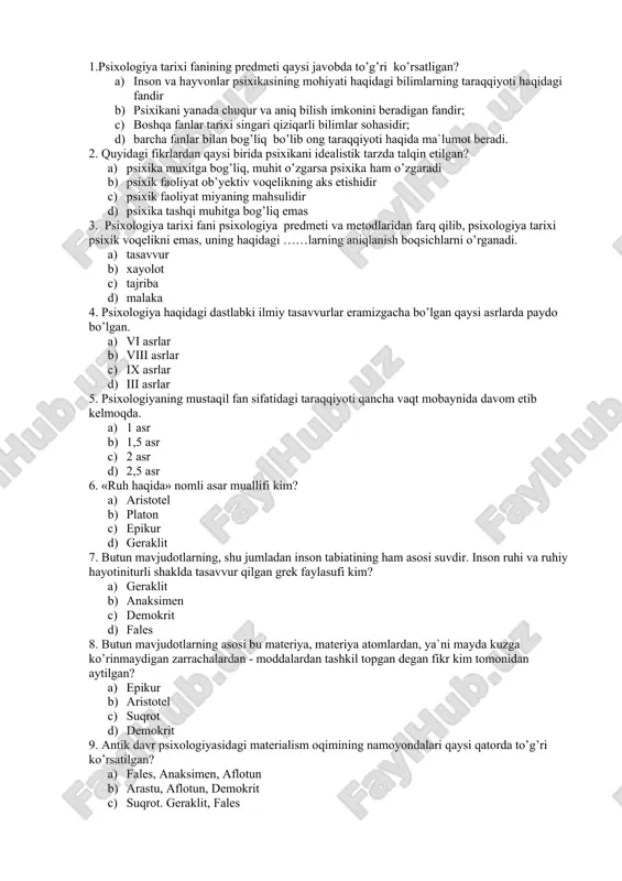 psixologiya tarixi fanining predmeti — DOCX