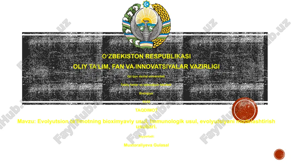 evolyutsion ta’limotning bioximyaviy usul, immunologik usul, evolyutsiyani modelashtirish usullari — PPTX