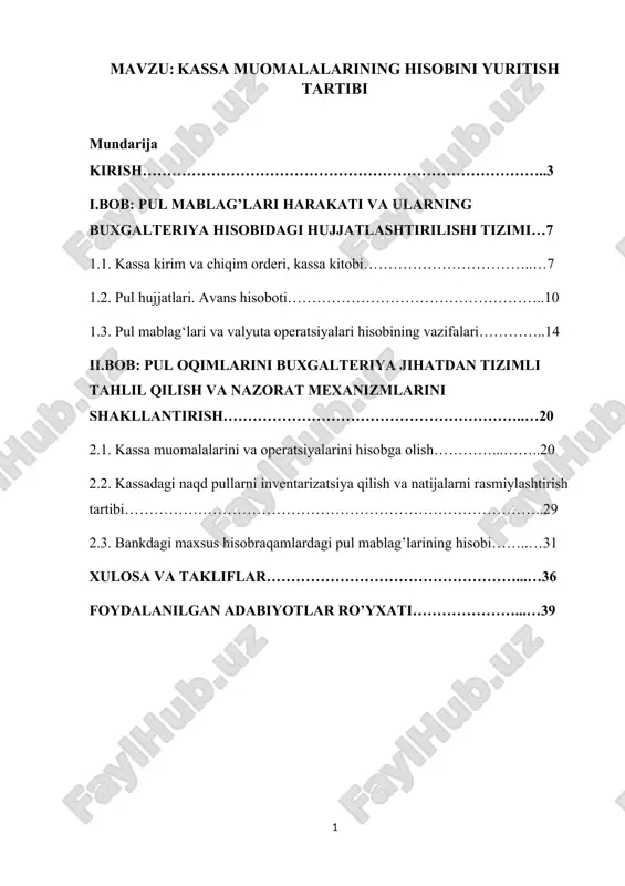 kassa muomalalarining hisobini yuritish tartibi — DOCX