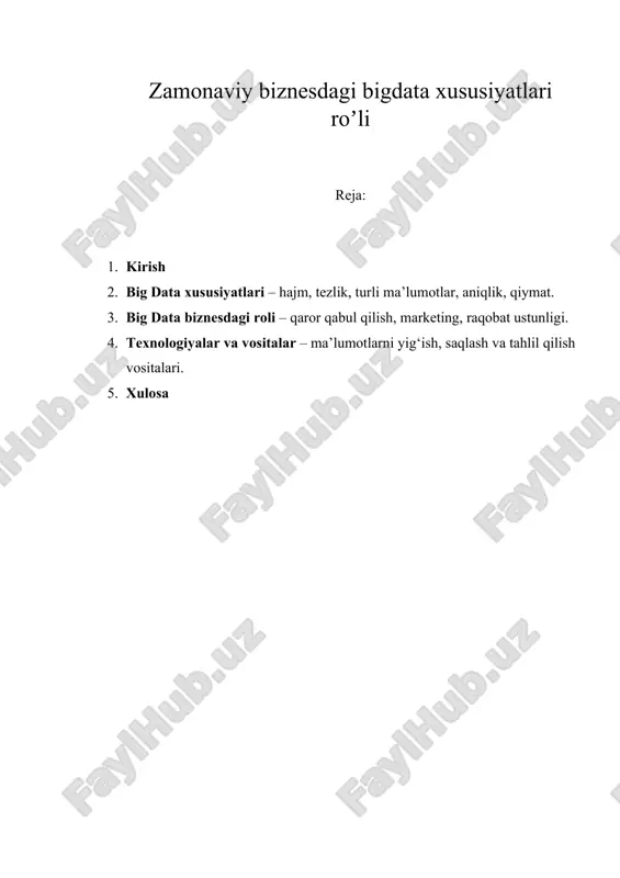 zamonaviy biznesdagi bigdata xususiyatlari roʼli — DOCX
