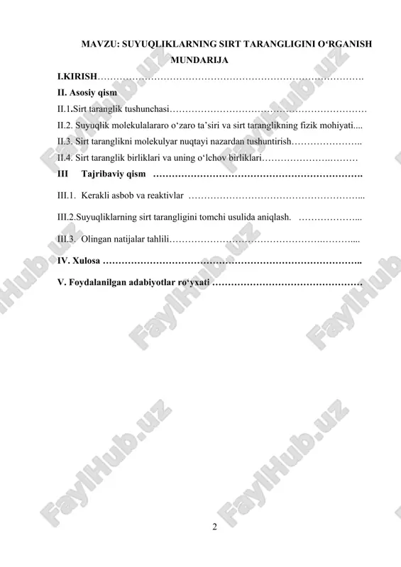 suyuqliklarning sirt tarangligini oʻrganish — DOCX