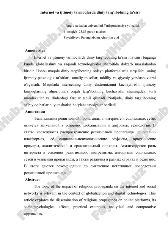 internet va ijtimoiy tarmoqlarda diniy targ‘ibotning ta’siri — DOCX