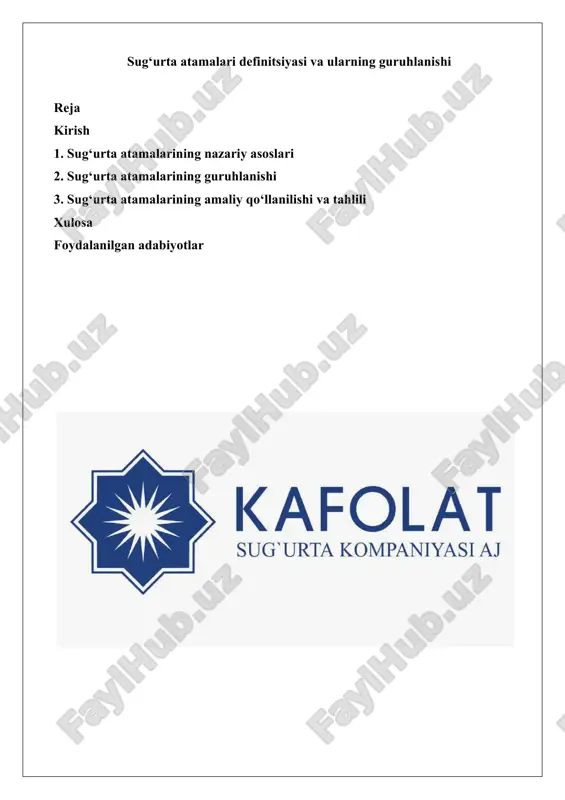 sug‘urta atamalari definitsiyasi va ularning guruhlanishi — DOCX