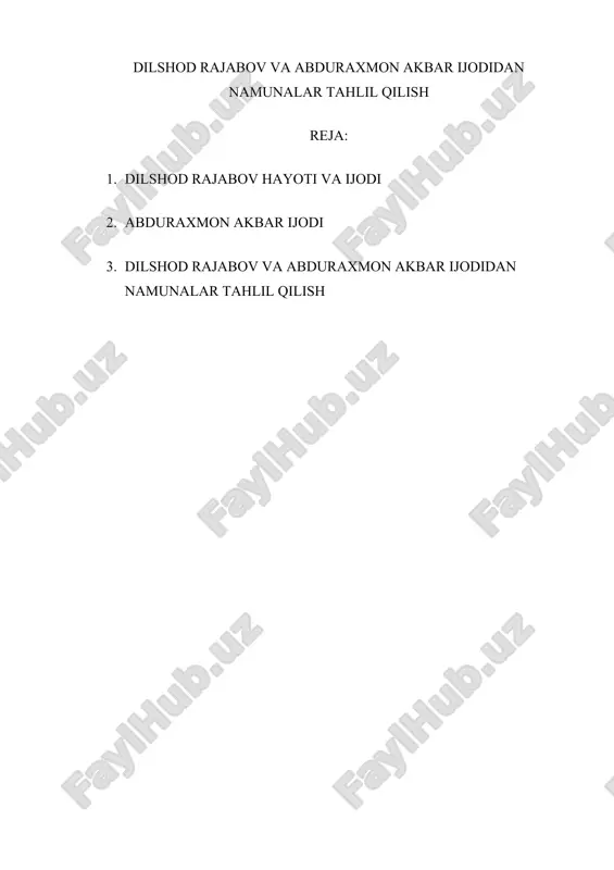 dilshod rajabov va abduraxmon akbar ijodidan namunalar tahlil qilish — DOC