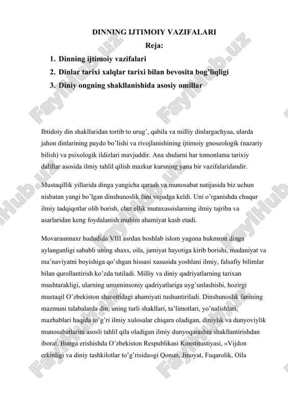 dinning ijtimoiy vazifalari — DOCX