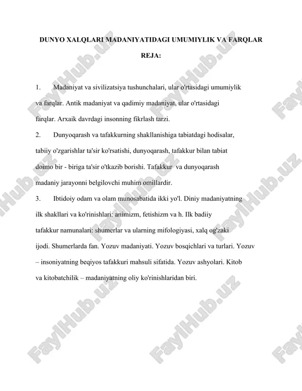 dunyo xalqlari madaniyatidagi umumiylik va farqlar — DOCX