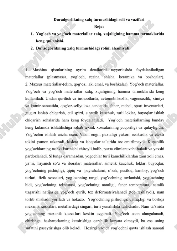 duradgorlikning xalq turmushidagi roli va vazifasi — DOC