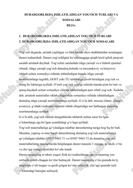 duradgorlikda ishlatiladigan yog'och turlari va xossalari — DOC