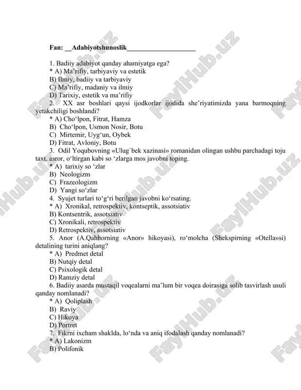 adabiyotshunoslikdan 400 ta test javobi bilan — DOCX