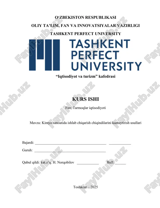 kimyo sanoatida ishlab chiqarish chiqindilarini kamaytirish usullari — DOCX