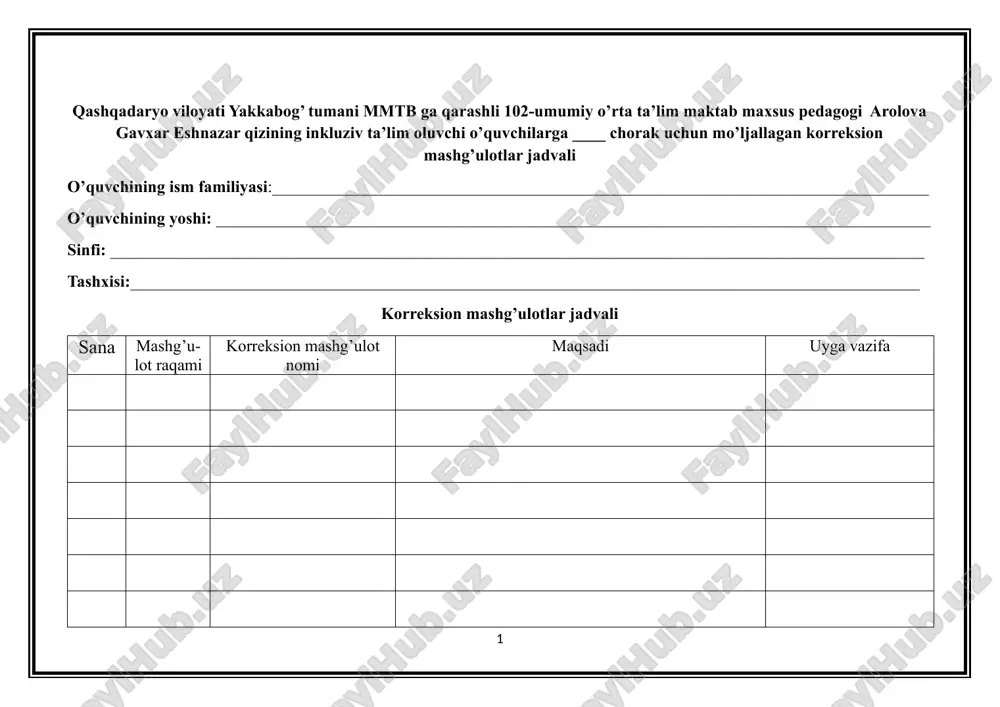 korreksion mashg’ulotlar jadvali — DOCX