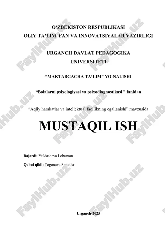 bolalarni psixologiyasi va psixodiagnostikasi — DOCX
