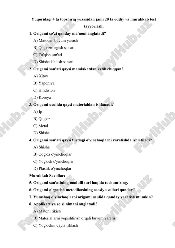 origami va applikatsiya san'ati — DOCX