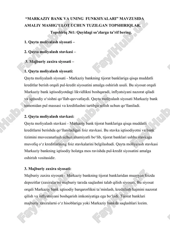 markaziy bank va uning funksiyalari — DOCX