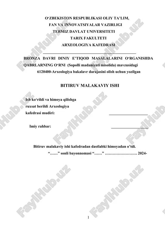 bronza davri diniy e’tiqod masalalarini o‘rganishda qabrlarning o‘rni (sopolli madaniyati misolida) — DOCX
