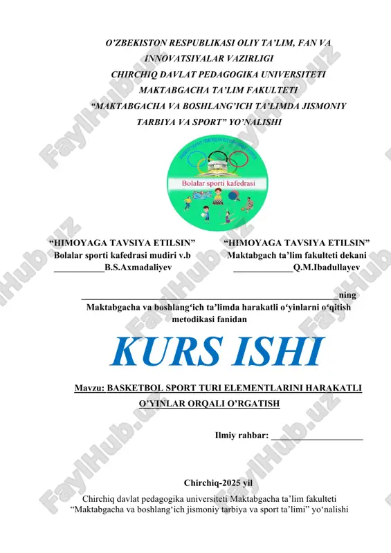 basketbol sport turi elementlarini harakatli o’yinlar orqali o’rgatish — DOCX