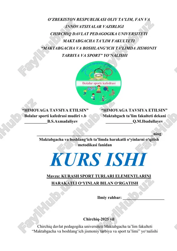 kurash sport turlari elementlarini harakatli o‘yinlar bilan o‘rgatish — DOCX