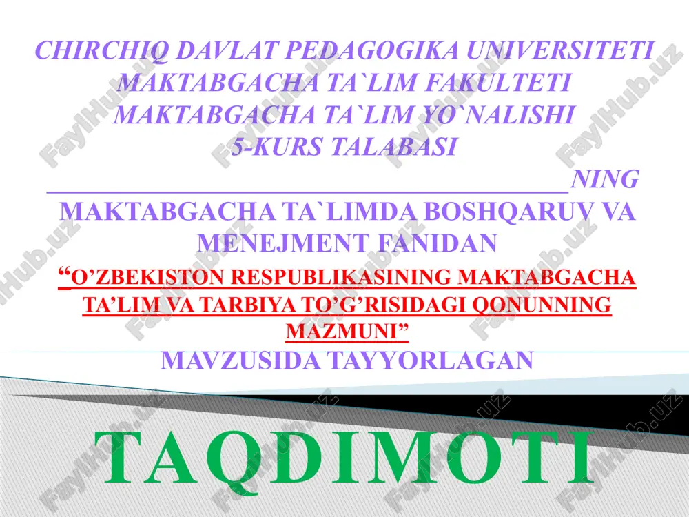 o'zbekiston respublikasining maktabgacha ta'lim va tarbiya to'g'risidagi qonunning mazmuni — PPTX