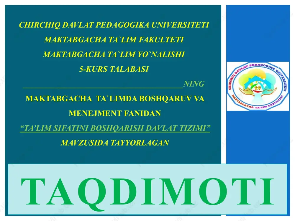 ta’lim sifatini boshqarish davlat tizimi — PPTX