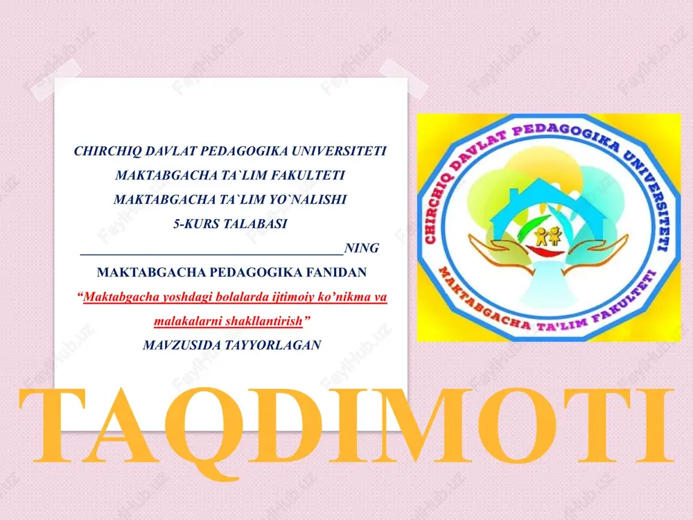 maktabgacha yoshdagi bolalarda ijtimoiy koʼnikma va malakalarni shakllantirish — PPTX