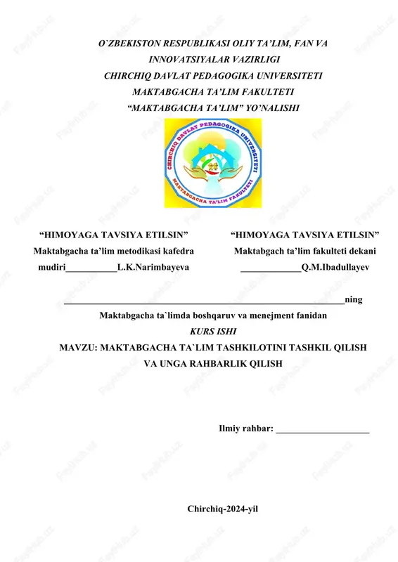maktabgacha ta`lim tashkilotini tashkil qilish va unga rahbarlik qilish — DOCX