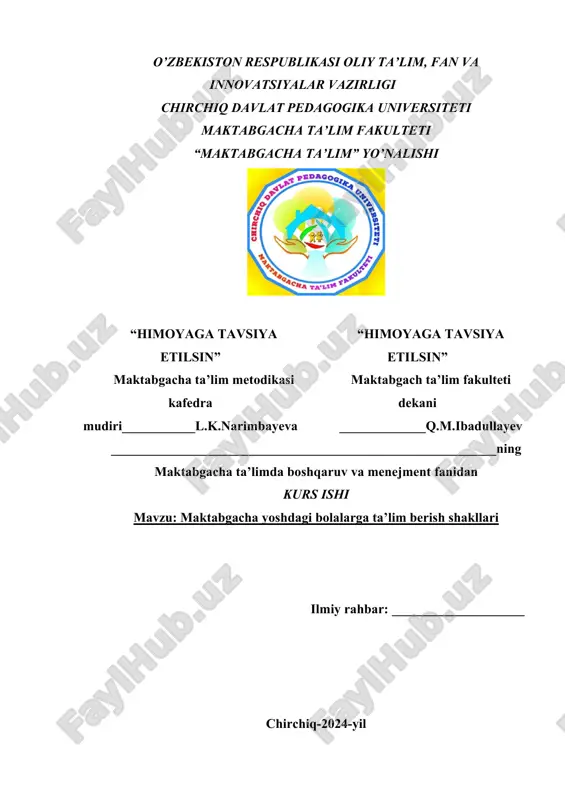 maktabgacha yoshdagi bolalarga ta’lim berish shakllari — DOCX