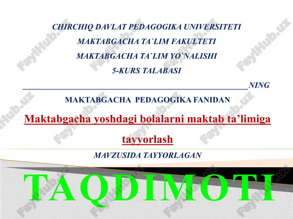 maktabgacha ta'limni tashkil etish — PPTX