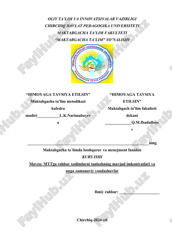 mttga rahbar xodimlarni tanlashning mavjud imkoniyatlari va unga zamonaviy yondashuvlar — DOCX