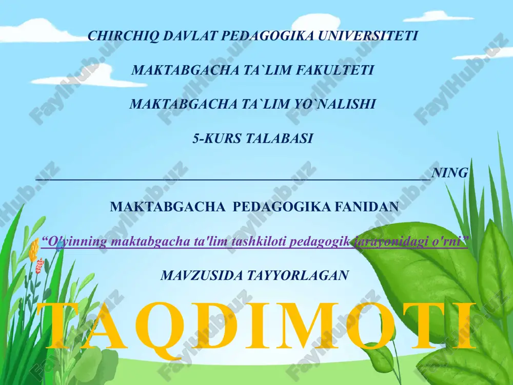 o'yinning maktabgacha ta'lim tashkiloti pedagogik jarayonidagi o'rni — PPTX