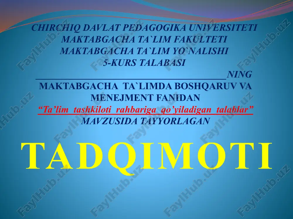 ta'lim tashkiloti rahbariga qo’yiladigan talablar — PPTX