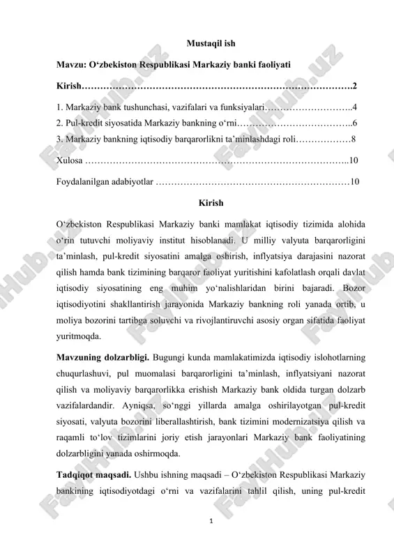 o‘zbekiston respublikasi markaziy banki faoliyati — DOCX