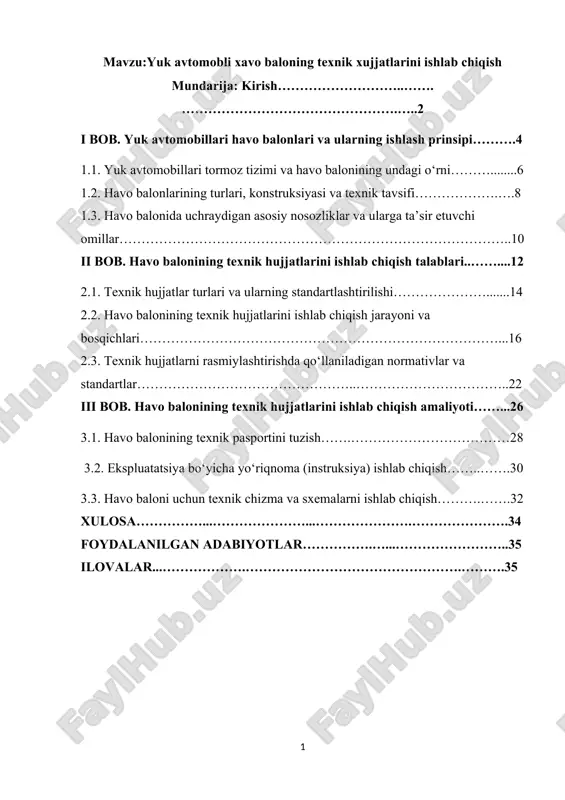 yuk avtomobli xavo baloning texnik xujjatlarini ishlab chiqish — DOCX