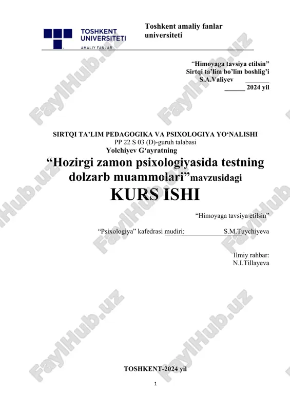 hozirgi zamon psixologiyasida testning dolzarb muammolari — DOCX