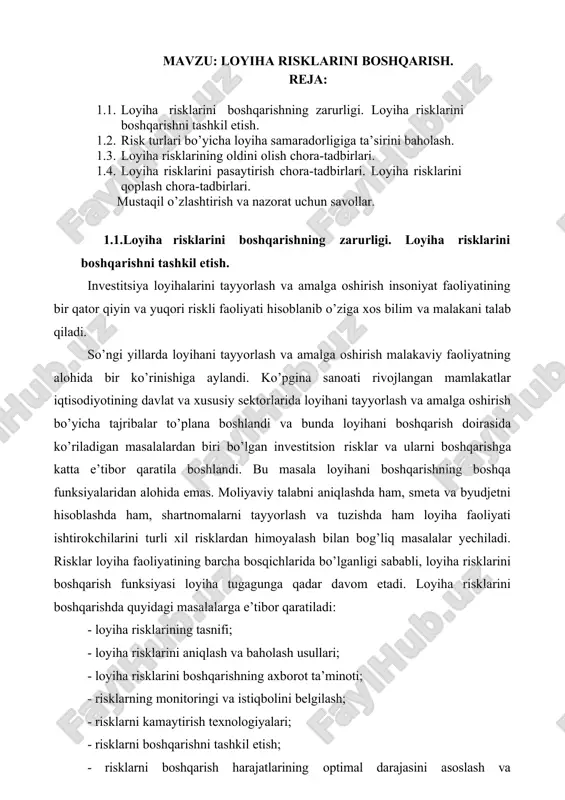 loyiha risklarini boshqarish — DOCX