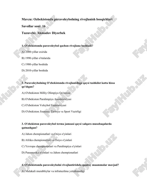 o'zbekistonda paravoleybolning rivojlanish bosqichlari — DOCX