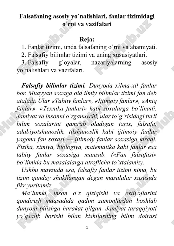 falsafaning asosiy yo`nalishlari, fanlar tizimidagi o`rni va vazifalari — DOCX