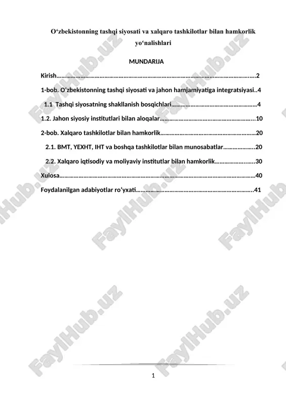 oʻzbekistonning tashqi siyosati va xalqaro tashkilotlar bilan hamkorlik yoʻnalishlari — DOCX