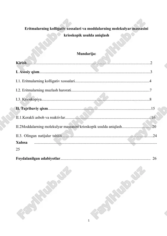 eritmalarning kolligativ xossalari va moddalarning molekulyar massasini krioskopik usulda aniqlash — DOCX