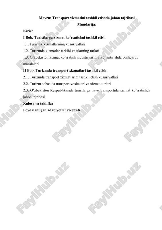 transport xizmatini tashkil etishda jahon tajribasi — DOCX