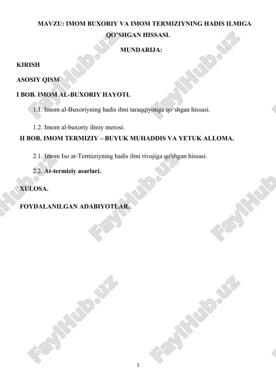 imom buxoriy va imom termiziyning hadis ilmiga qo’shgan hissasi. — DOCX