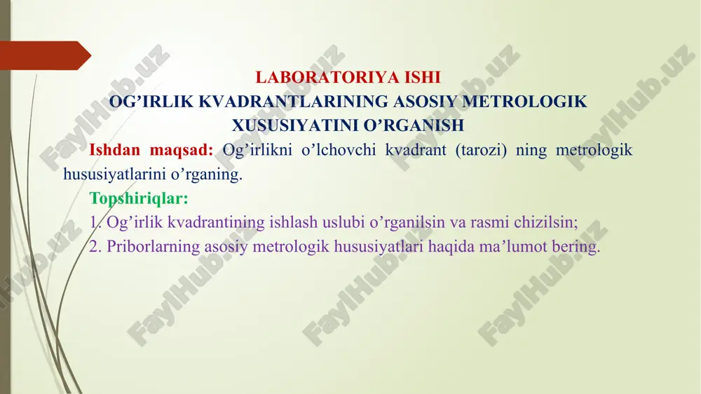 ogʼirlik kvadrantlarining asosiy metrologik xususiyatini oʼrganish — PPTX